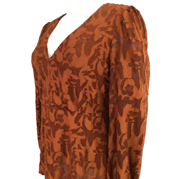 Eva Franco Anthropologie Burnout Velvet Top sz XS Puff Sleeve Sheer Rust Orange - Picture 7 of 16